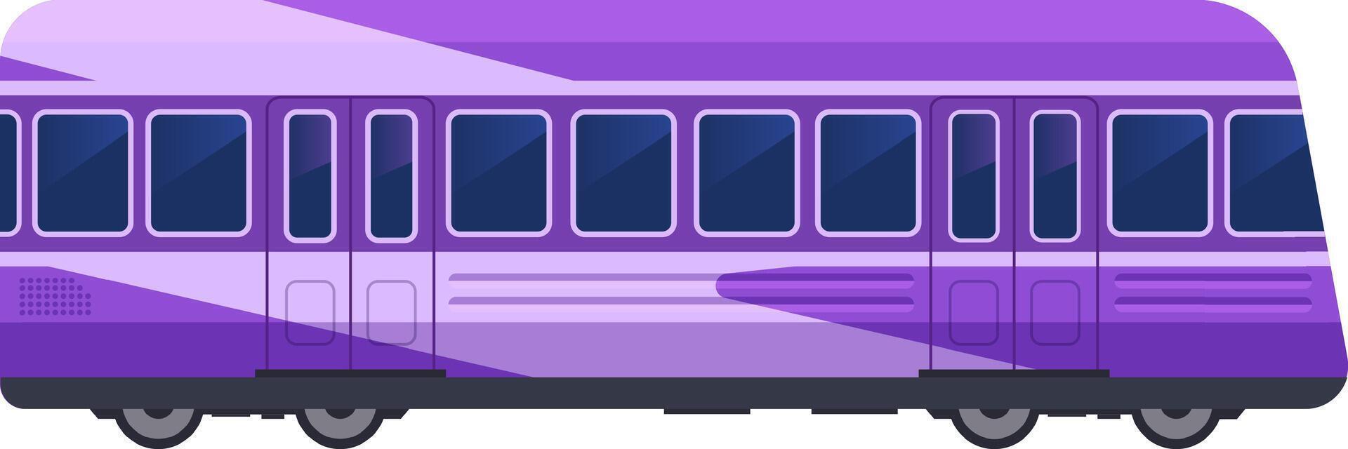 Purple and lilac electric multiple unit waiting at the station for passengers, offering modern public transport options. Side view highlights the sleek design of the commuter train vector