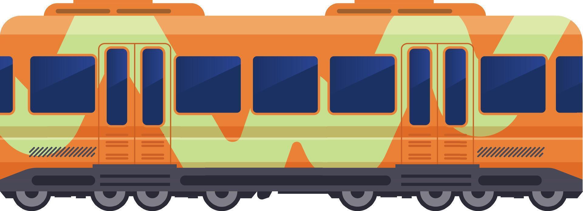 Contemporary tram featuring an orange and light green livery waits at the station, poised for passengers to board and embark on its urban journey through the city vector