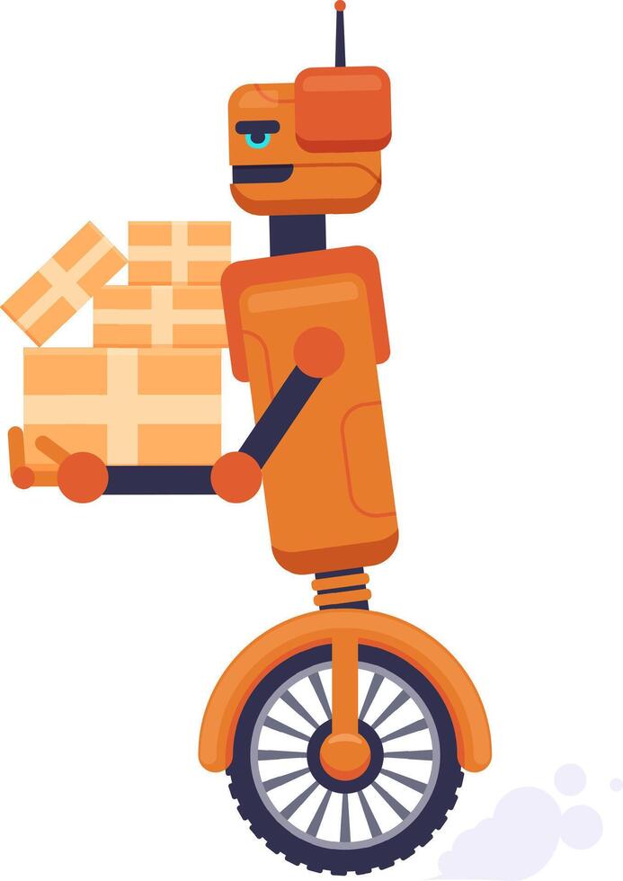 Orange robot riding a unicycle while balancing carefully on one motorized wheel, delivering packages on a hand trolley, exemplifying innovation in automated logistics and transportation vector