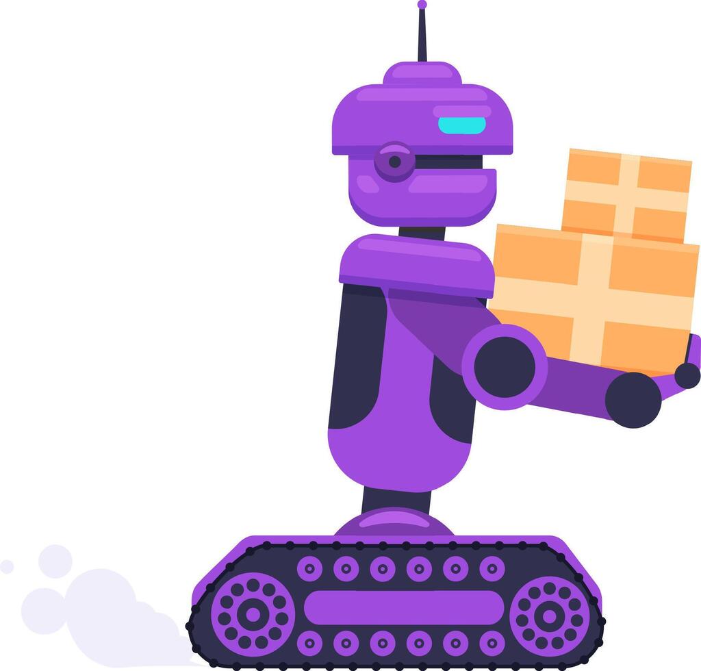 Purple delivery robot carrying cardboard boxes moving on wheels equipped with an antenna and leaving a small trail of smoke representing fast movement vector