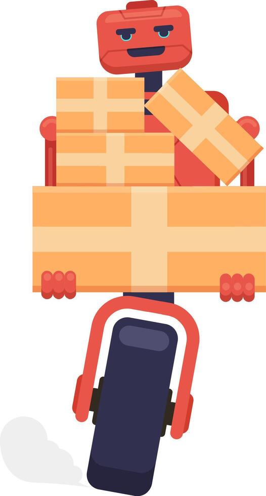 Red smiling delivery robot riding monowheel carrying packages, delivering fast orders, artificial intelligence helping with logistics and transport, modern shipping and distribution technology vector