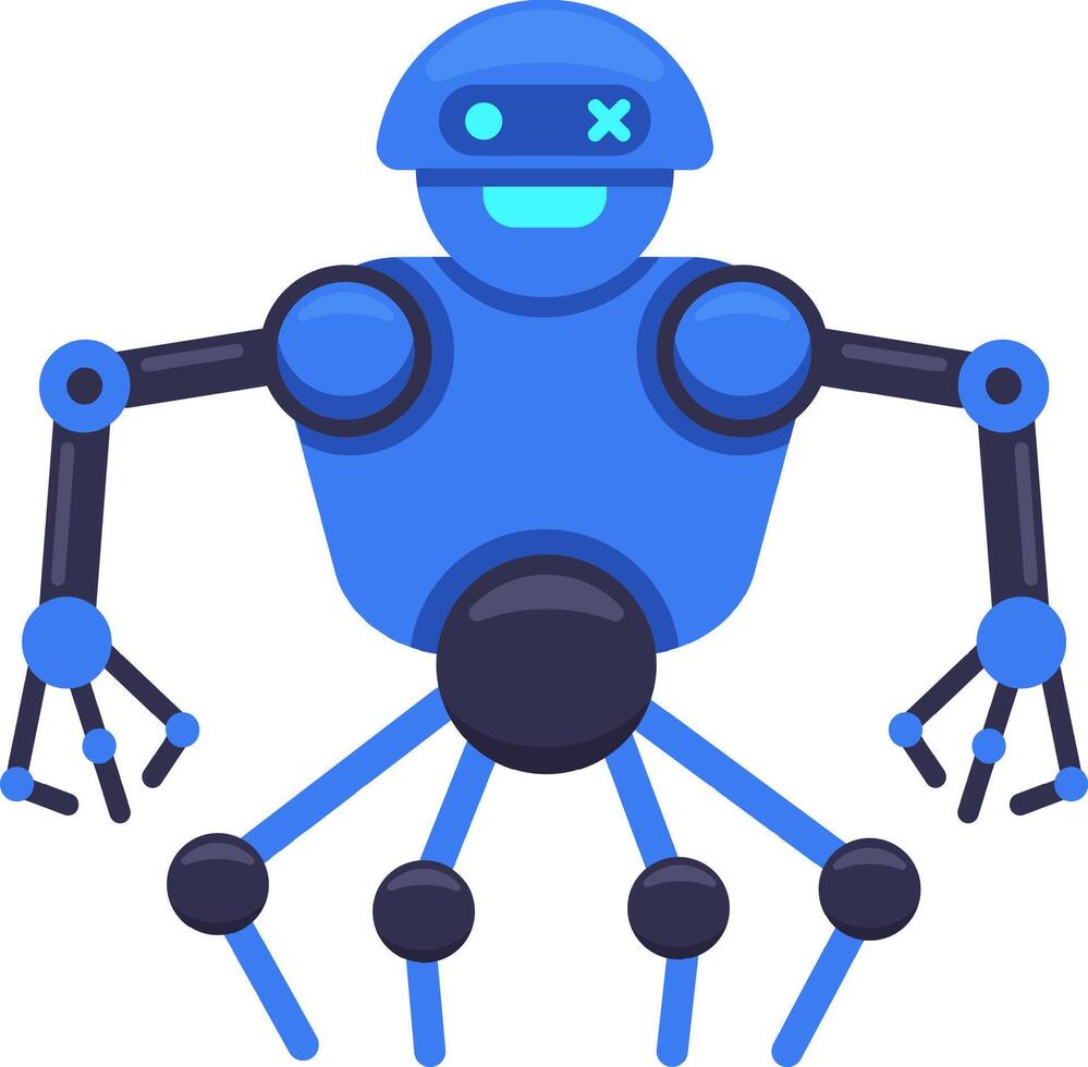 Blue spider robot standing with arms outstretched, featuring multiple legs and a friendly face, representing advanced robotics and artificial intelligence vector