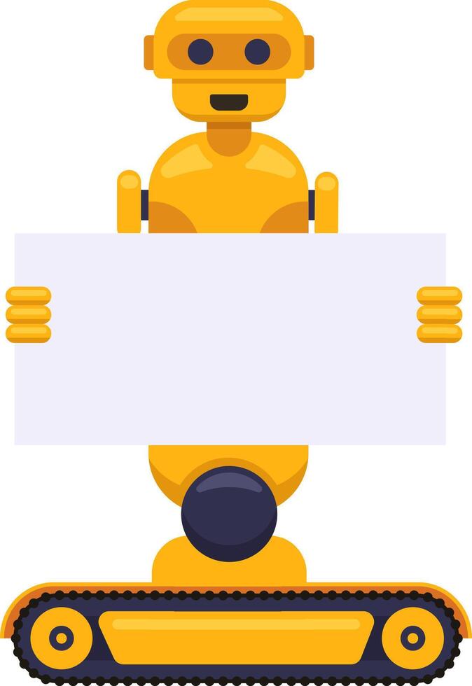 Smiling yellow delivery robot on wheels, holding a blank sign with ample copy space, set against a clean white background, showcasing a friendly and futuristic design vector