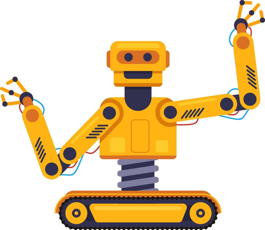 Modern yellow robot with caterpillar wheels waving with both arms, expressing a friendly greeting with a smile, showcasing its advanced technology and cheerful disposition vector