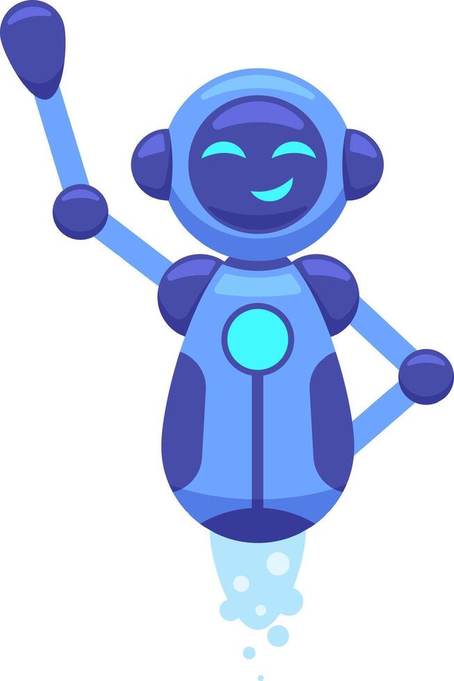 Cheerful blue robot waving its arm while hovering with boosters, embodying a friendly and futuristic concept. Capturing the essence of innovation and technology in a vibrant cartoon style vector
