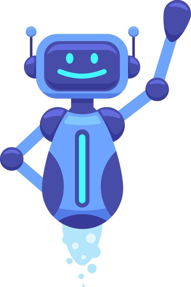 Friendly blue robot with antennas and a smiling face is waving and floating, showcasing futuristic technology and artificial intelligence vector