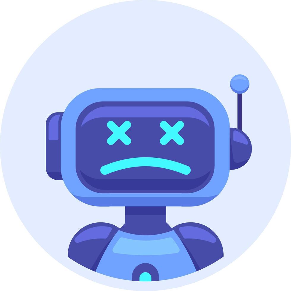 Modern flat design illustration of a cute robot showing error message with dead eyes and sad mouth, ideal for technology and innovation related designs vector