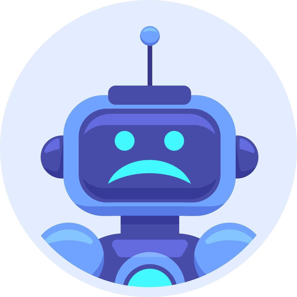 Blue robot with a sad face is the subject of this illustration, conveying a sense of disappointment or malfunction within a minimalist, circular composition vector