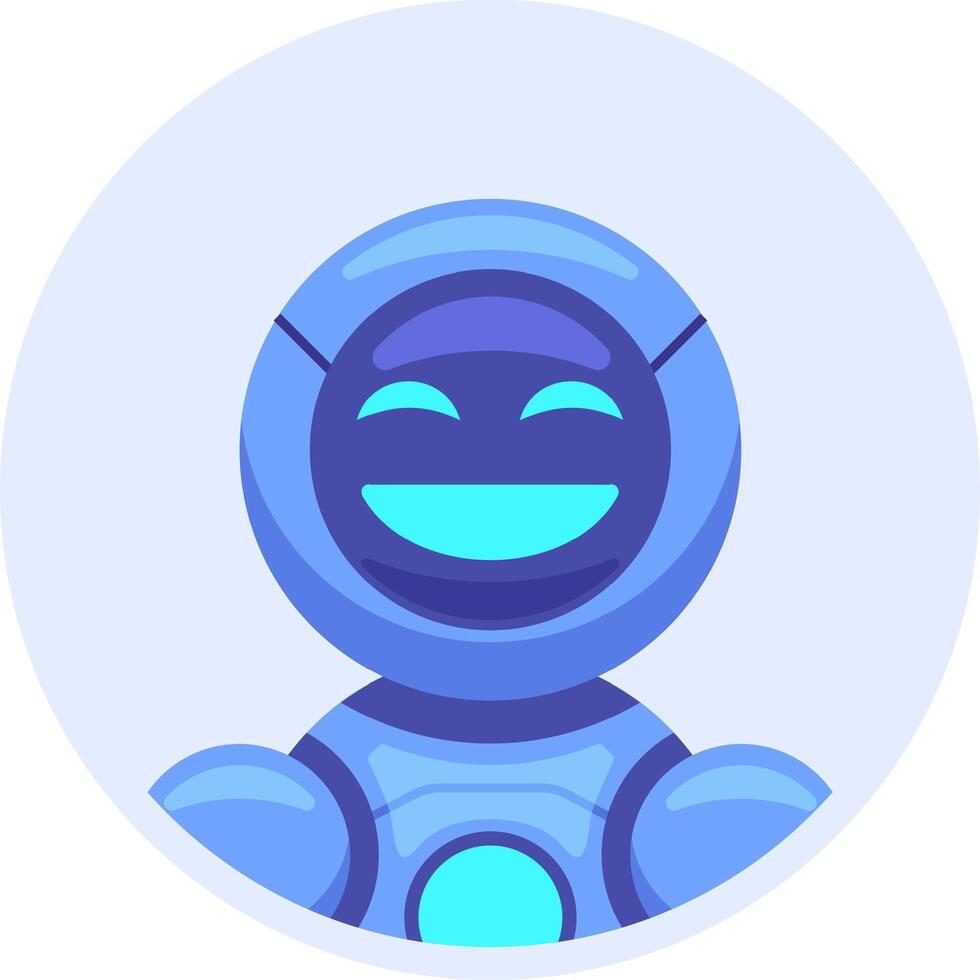 Cartoon illustration of a happy smiling friendly robot with glowing eyes and mouth showing happiness and kindness, in a round frame with a light blue background vector