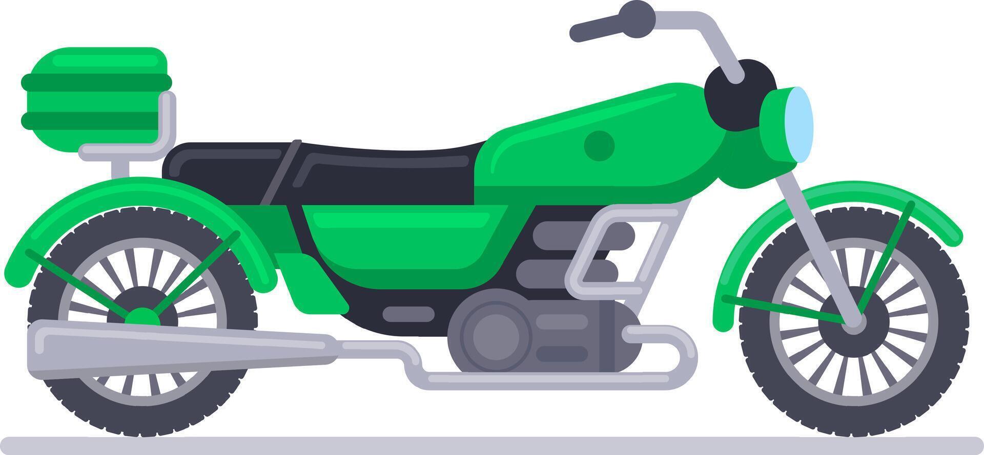 Green motorcycle with trunk standing on white background representing delivery, transportation, freedom, adventure, and style, perfect for projects related to travel, leisure, and urban mobility vector