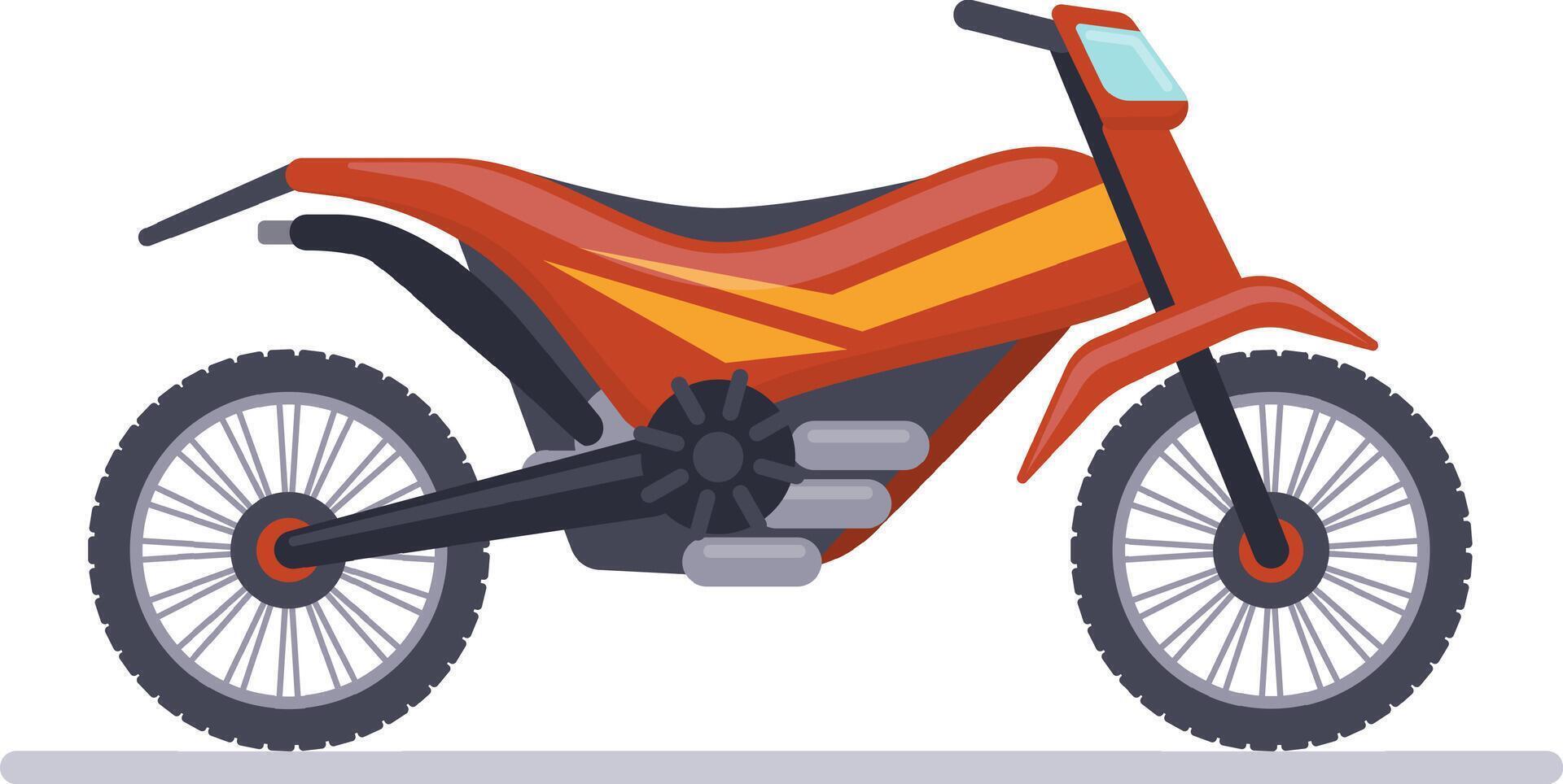 Side view of a motocross motorcycle featuring a striking red chassis with vibrant orange stripes, positioned on a sleek gray surface, showcasing its modern and powerful design vector