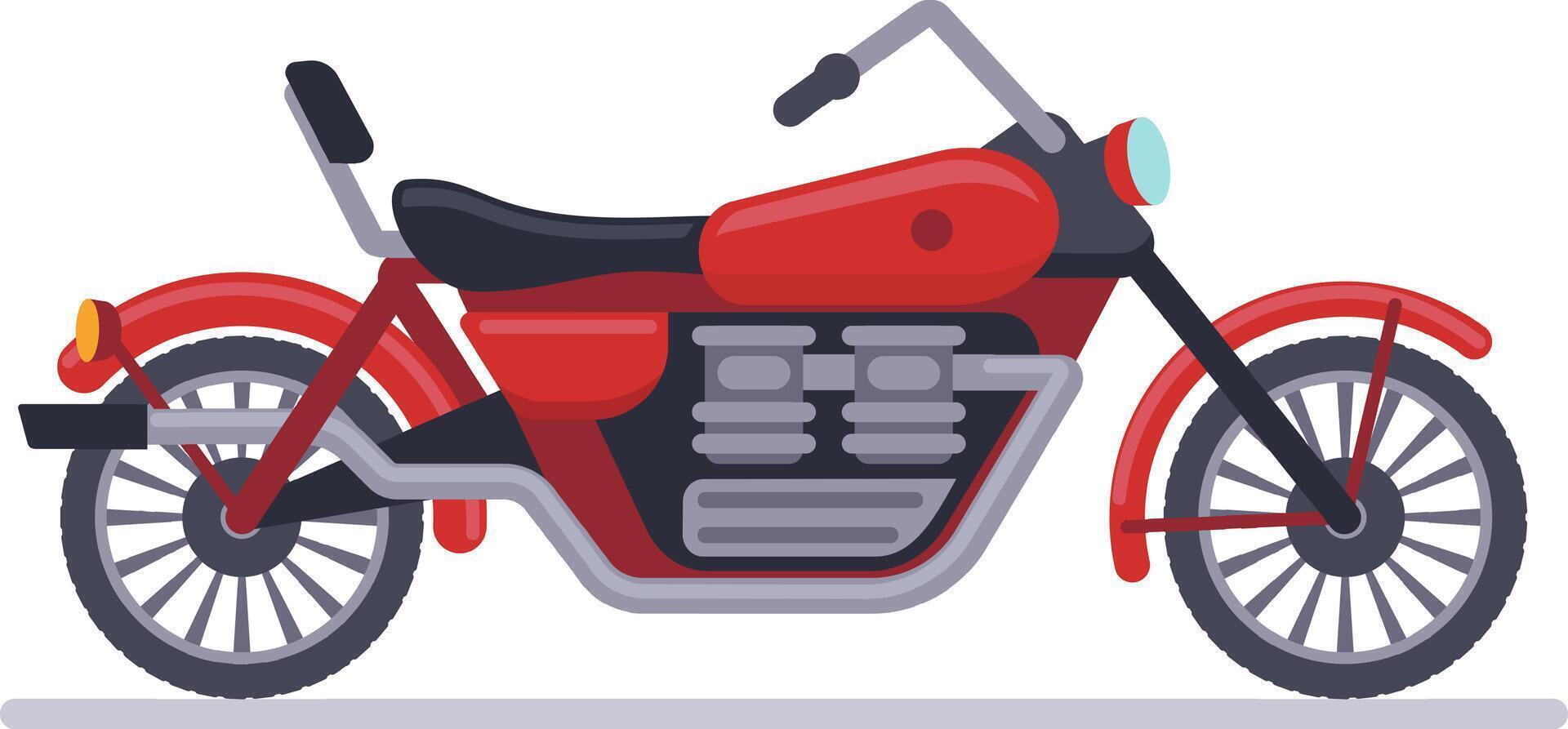 Classic motorbike with red chassis and black seat, parked and showing engine and exhaust pipes, ideal for representing speed, travel and adventure vector