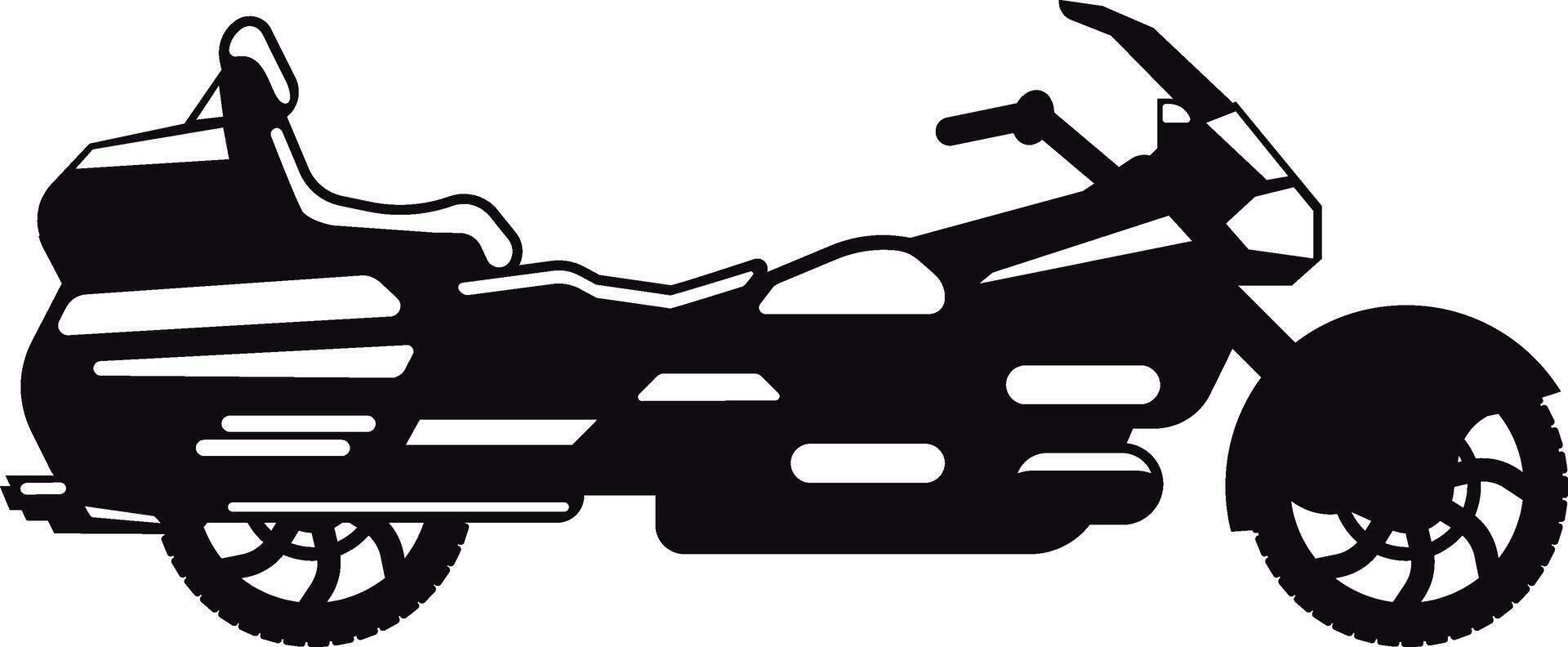Silhouette of a large touring motorcycle with a prominent windshield and passenger seat, ideal for representing long distance travel, motorcycle culture, or vehicle design vector