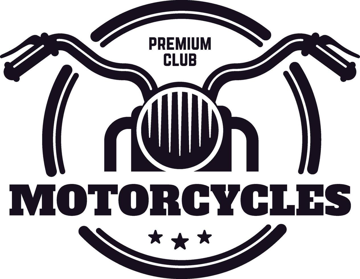 Stylish monochrome logo representing a motorcycle club, featuring handlebars and a headlight along with premium club inscription, ideal for branding and apparel design vector