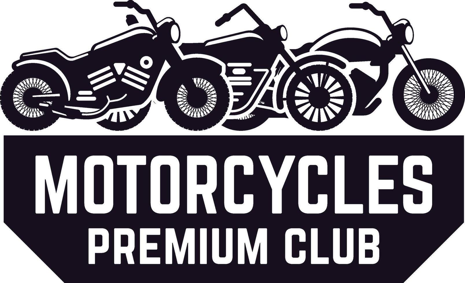 Stylish monochrome logo for a premium motorcycles club, featuring three classic motorcycles parked side by side, conveying a sense of camaraderie and exclusivity vector