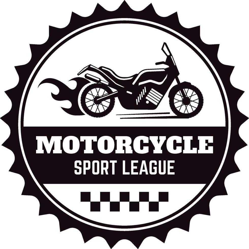 Black and white circular logo representing a motorcycle sport league, featuring a racing motorbike speeding with flames and a checkered flag vector