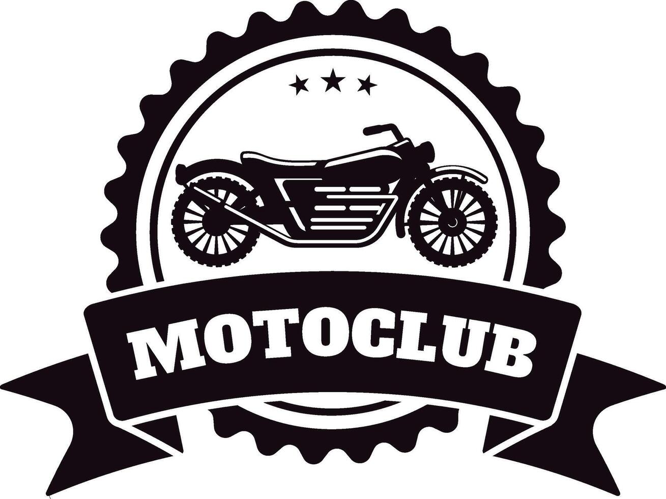 Vintage motorcycle with big wheels inside a round black and white badge with three stars and a ribbon with the writing motoclub, perfect for stickers, prints, apparel and templates vector