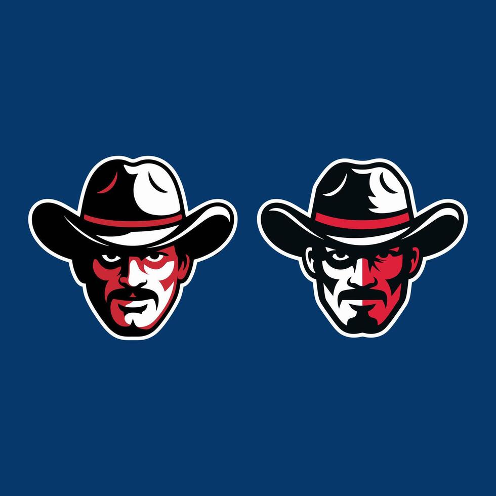 Two Cowboy Head Mascots with Hats and Mustaches in Red, Black, and White on a Blue Background vector