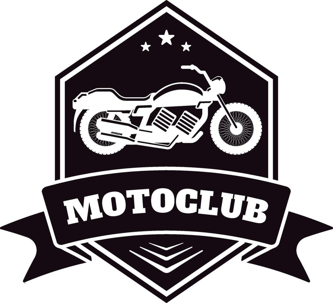 Motorcycle club logo showcasing a classic motorbike within a hexagonal frame, adorned with three stars and a ribbon bearing the inscription motoclub, ideal for motorcycle enthusiasts and clubs vector