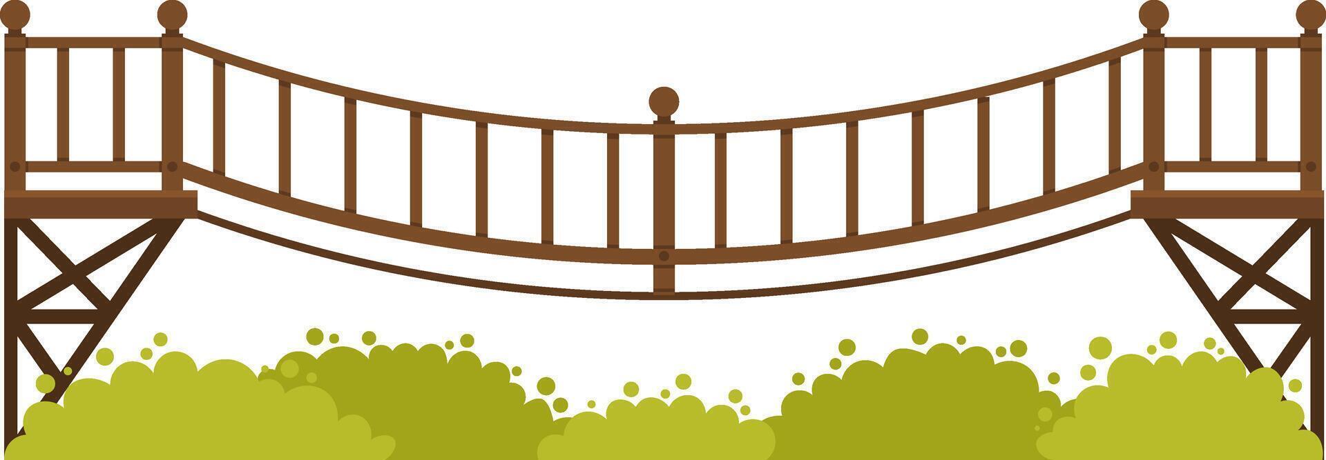 Simple illustration of a curved wooden suspension bridge crossing over some green bushes on plain white background, ideal for architectural projects or nature illustrations vector