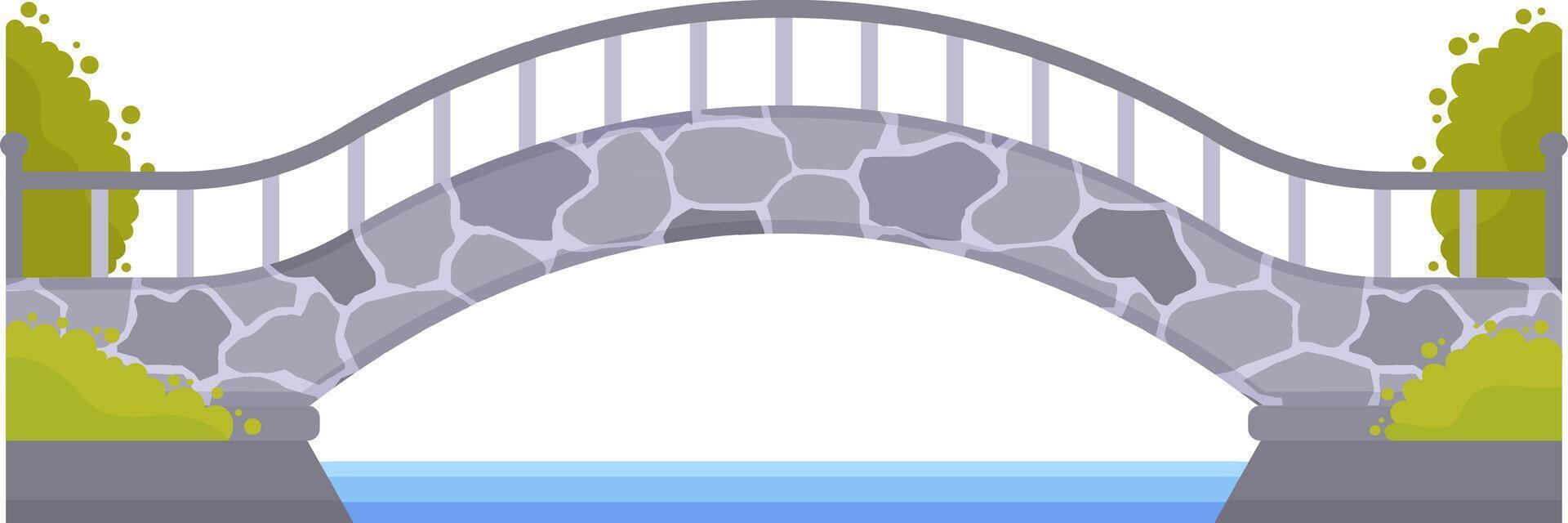 Small stone bridge crossing calm blue water, featuring a metal railing and surrounded by lush bushes, creating an ideal setting for relaxing walks in a peaceful park vector