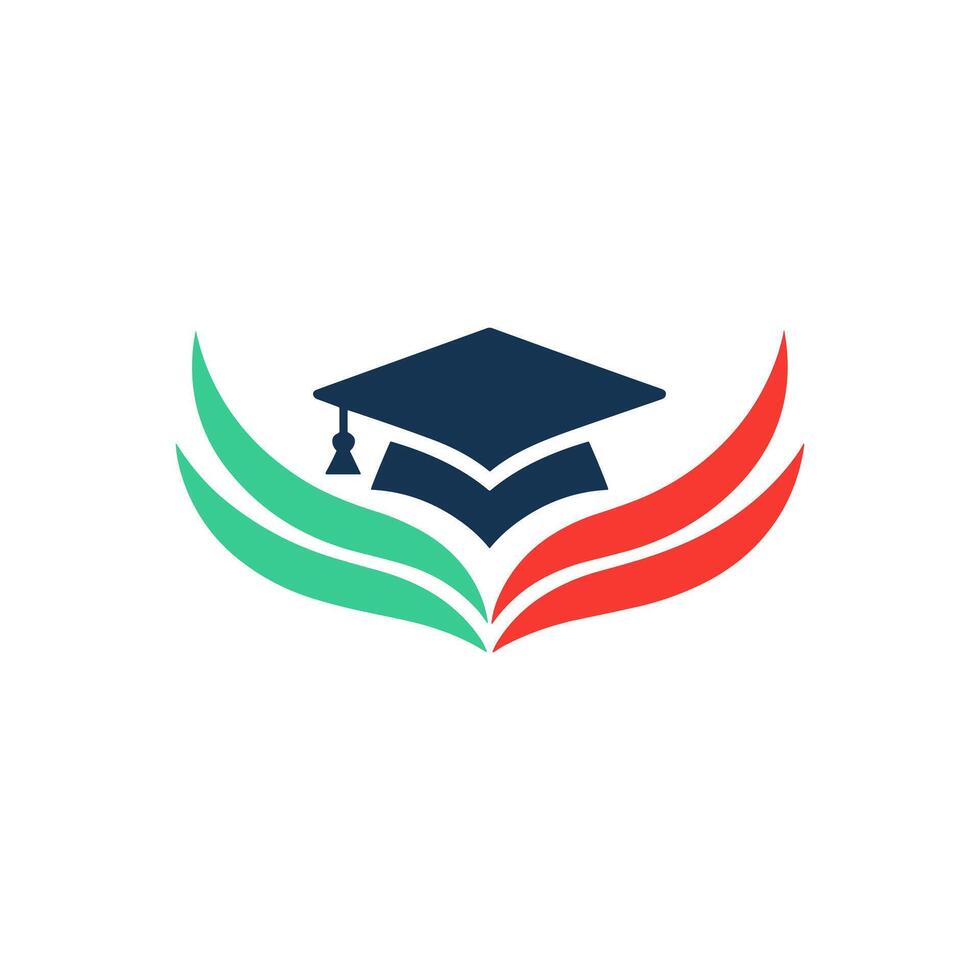 Education Logo with Graduation Cap and Stylized Green and Red Wings Representing Learning and Achievement vector