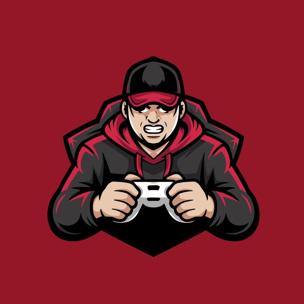 Intense and Focused Gamer Mascot in a Hoodie and Cap Holding a Controller, Ideal for Esports Logos, Gaming Channels, or Online Streamer Branding vector