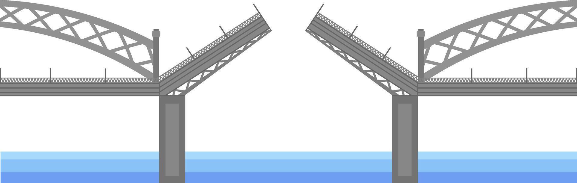 Double bascule bridge featuring a metal arch and sturdy concrete pillars, opening and closing over water, facilitating the passage of boats and ships for efficient navigation vector