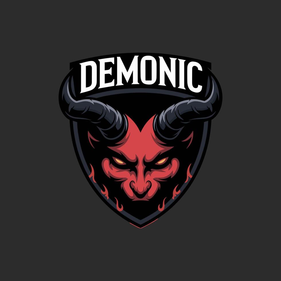 Fierce Demonic Devil Head with Horns and Flames on a Shield Emblem, Ideal for Gaming, Esports, or Heavy Metal Themes vector