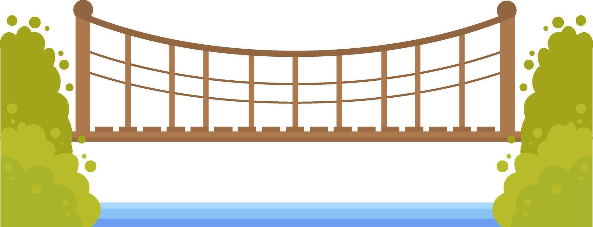 Simple flat style illustration of a wooden suspension bridge crossing a river surrounded by green vegetation, ideal for nature, travel, or adventure related projects vector