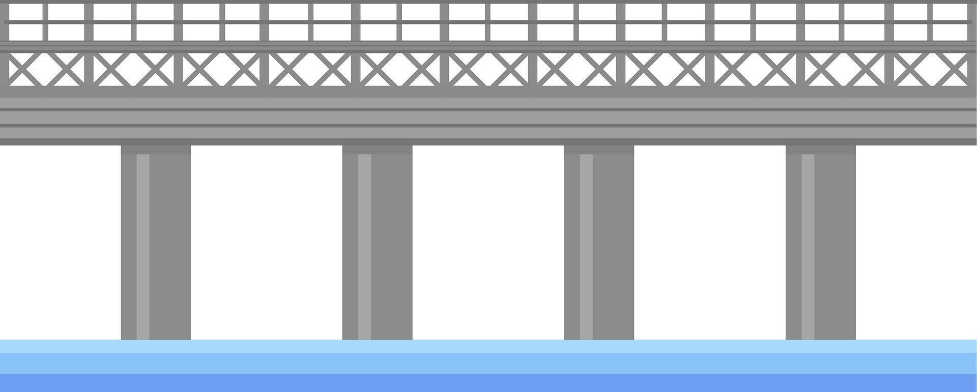 Seamless horizontal illustration of a bridge structure crossing a river, featuring concrete pillars supporting the roadway and metal railings ensuring safety vector