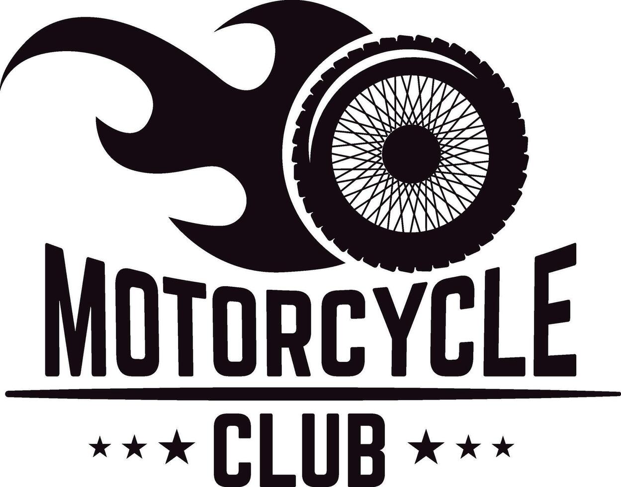 Black and white logo featuring a flaming motorcycle wheel and the words motorcycle club with three stars, ideal for motorcycle enthusiasts and clubs vector