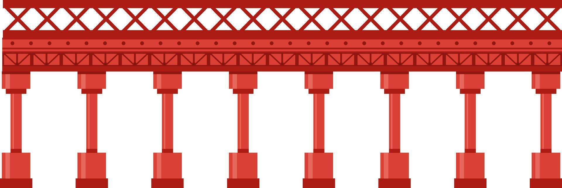 Seamless horizontal illustration of a red railway bridge extending into the distance, supported by a series of pillars and featuring a metal framework vector