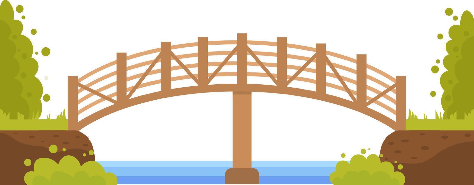 Small wooden bridge crossing a serene river, connecting two lush banks adorned with vibrant vegetation, creating a picturesque and tranquil pathway through nature's beauty vector