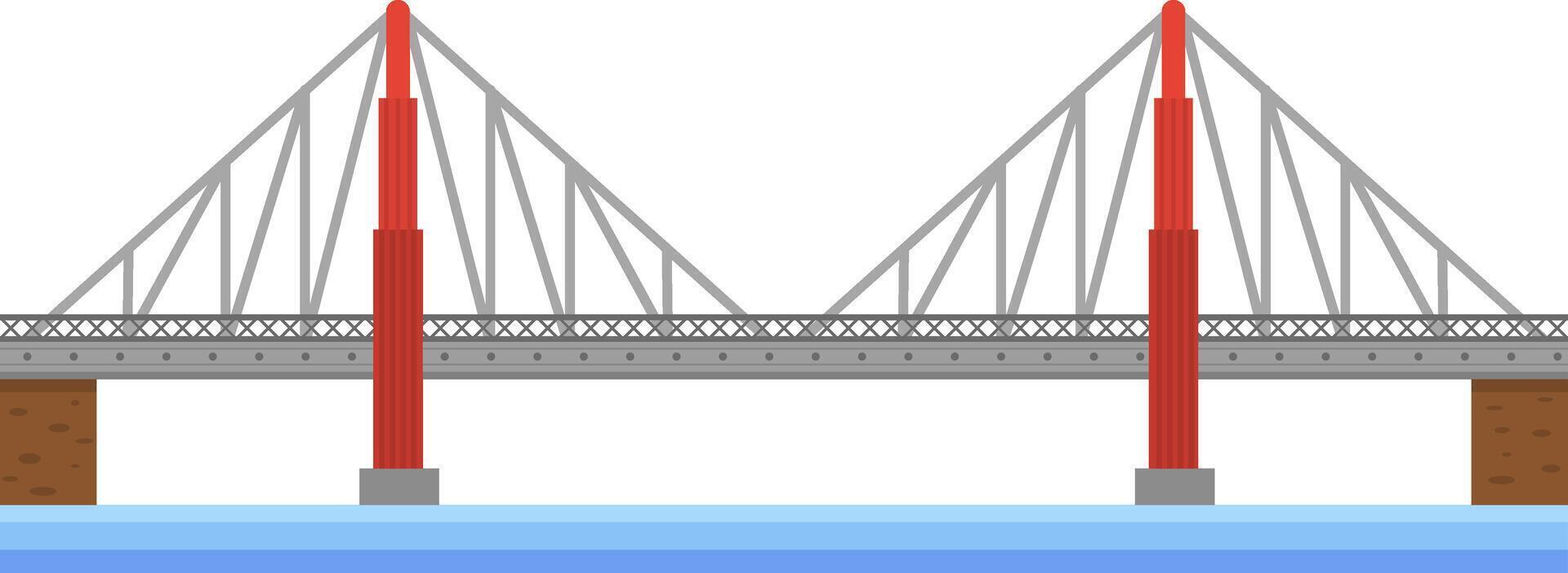 Modern suspension bridge featuring striking red pillars spanning a river, symbolizing the essence of urban infrastructure and efficient transportation within a vibrant cityscape vector