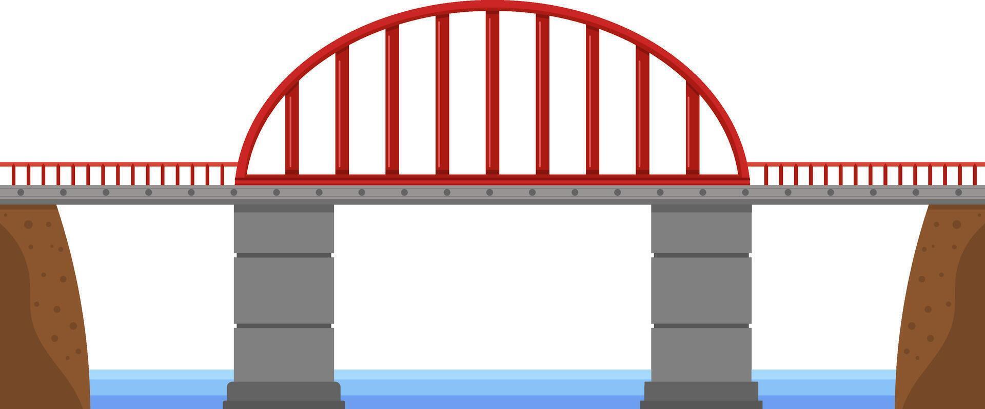 Red arch bridge with concrete pillars and side rails connecting two shores over water, representing infrastructure, transportation, connection, and engineering vector