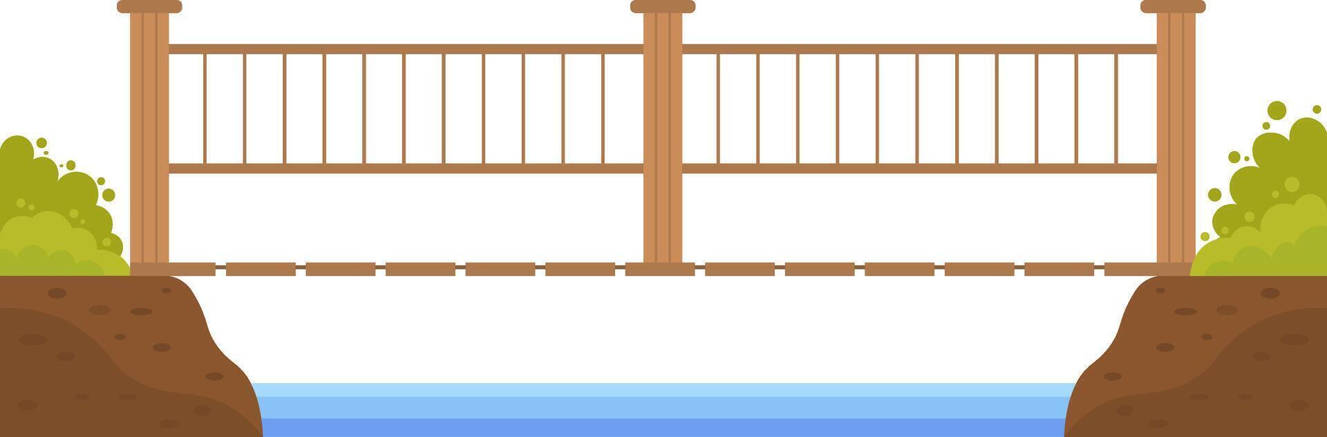 Wooden hanging bridge crossing a small river, surrounded by lush bushes and scattered rocks on each side, presented as an isolated illustration in flat cartoon style vector