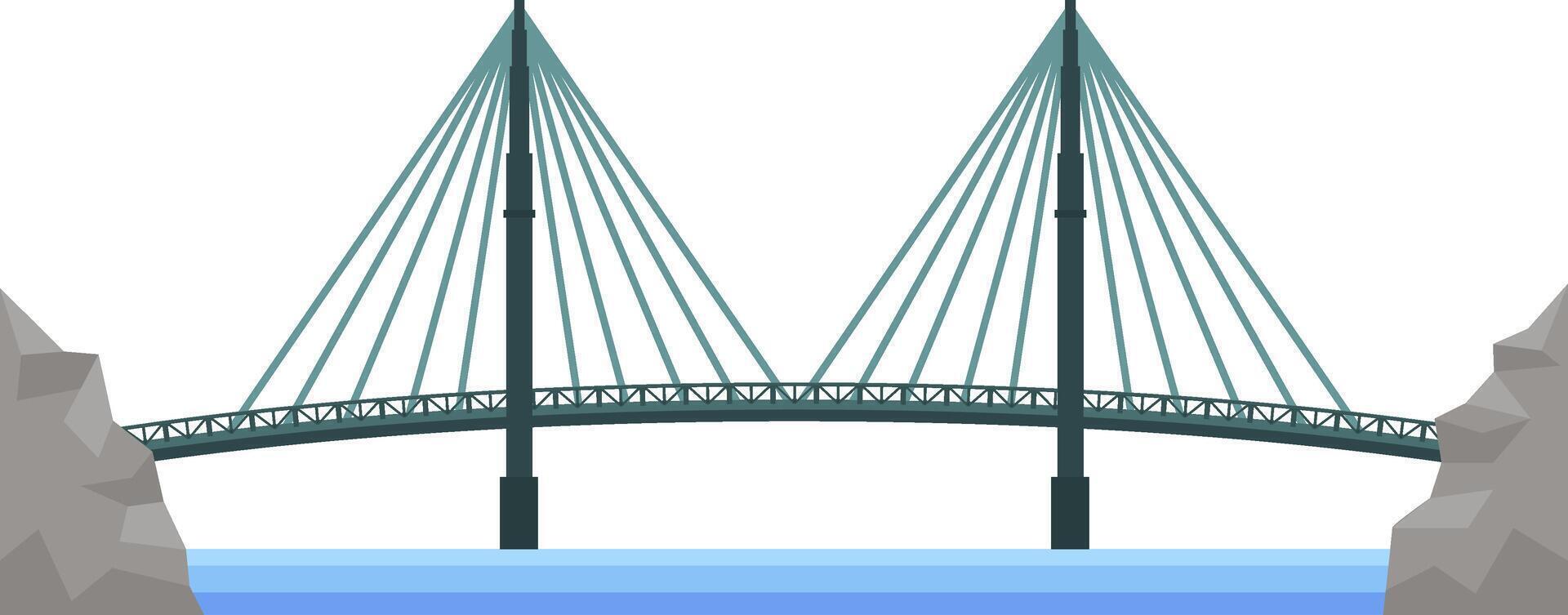 Modern cable stayed bridge with two tall pylons and strong cables supporting the roadway, connecting two rocky shores across a body of water, creating a vital transportation link vector