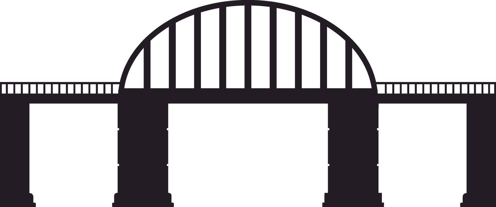 Silhouette of arched bridge spanning across gap, connecting two sides with sturdy pillars and steel framework, symbolizing connection and infrastructure vector