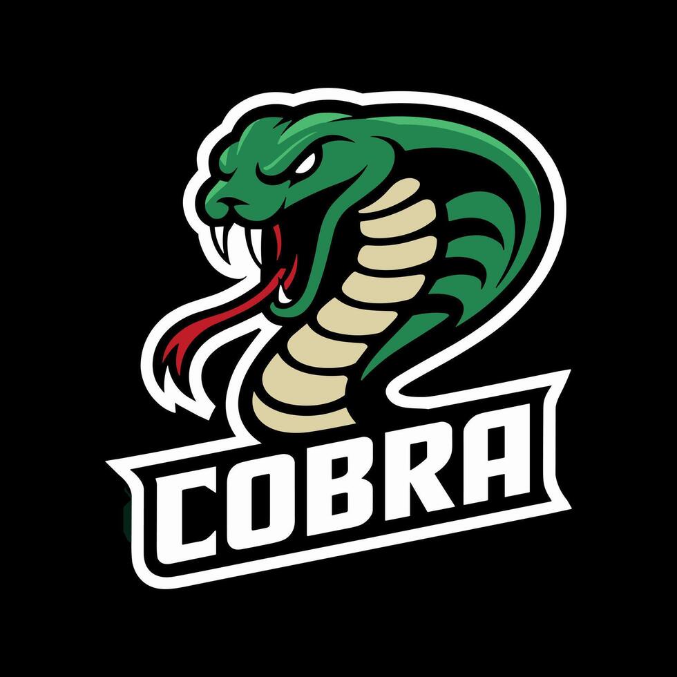Majestic Green Cobra Head Mascot with Exposed Fangs and Tongue on a Black Background, Ideal for Gaming or Sports Team vector