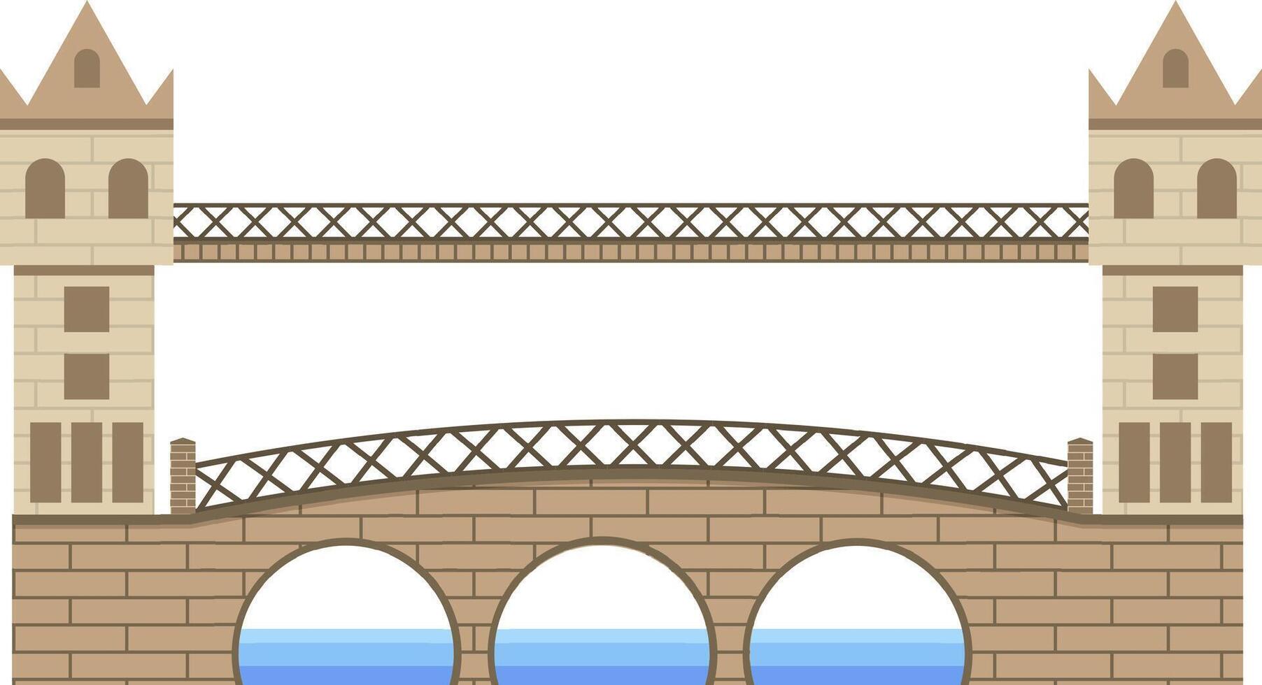Double decker bridge with a brick base and crisscrossing metal railings, spanning a body of blue water with tall towers on each side, creating a visually appealing architectural structure vector