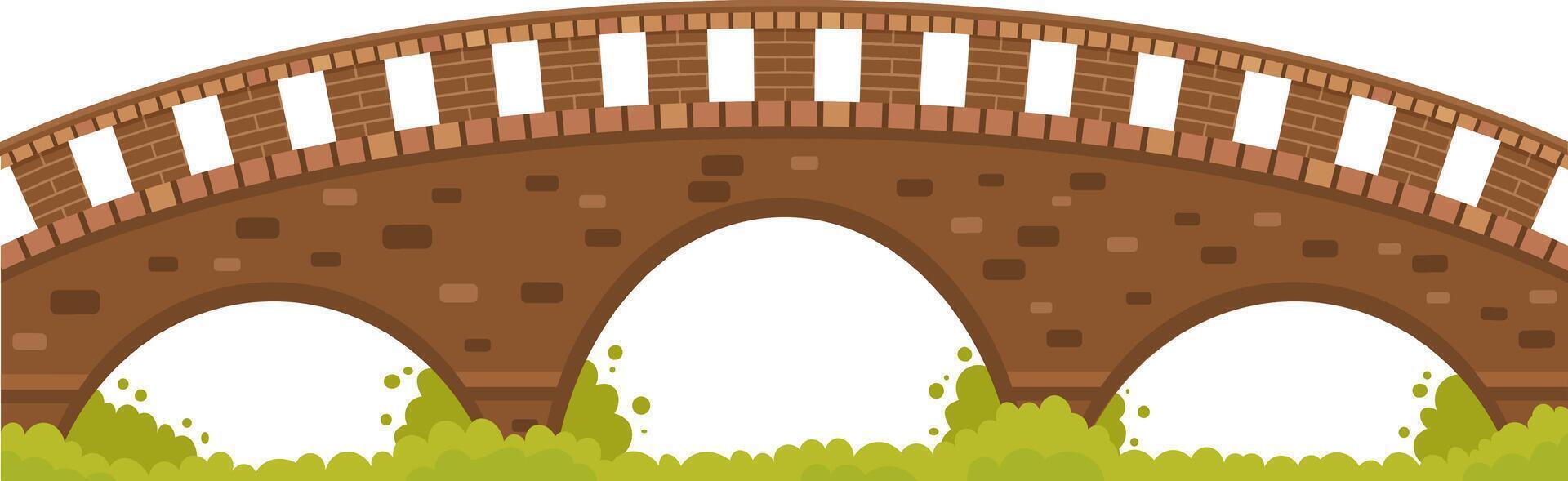 Arched brick bridge featuring small brick railings, spanning a tranquil river, surrounded by lush green vegetation on both banks, isolated against a clean white background vector