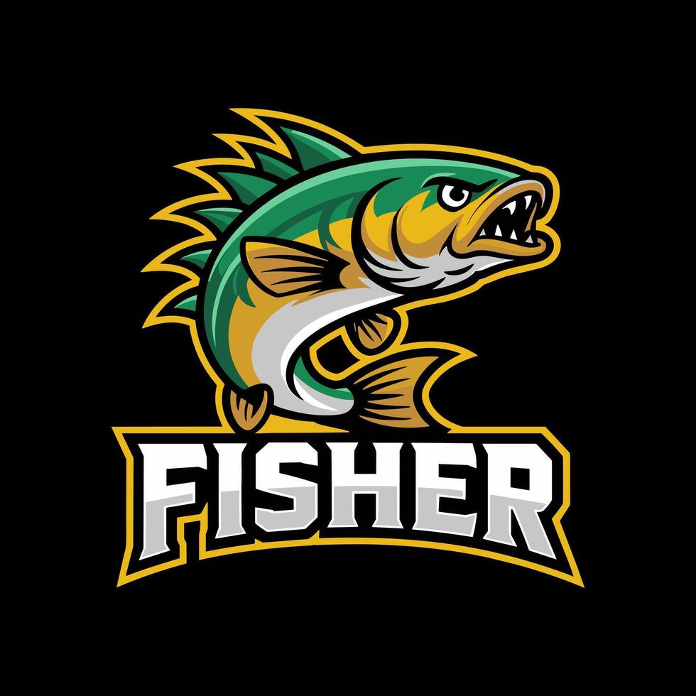 Aggressive Cartoon Mascot of a Green and Gold Fish with Sharp Teeth vector
