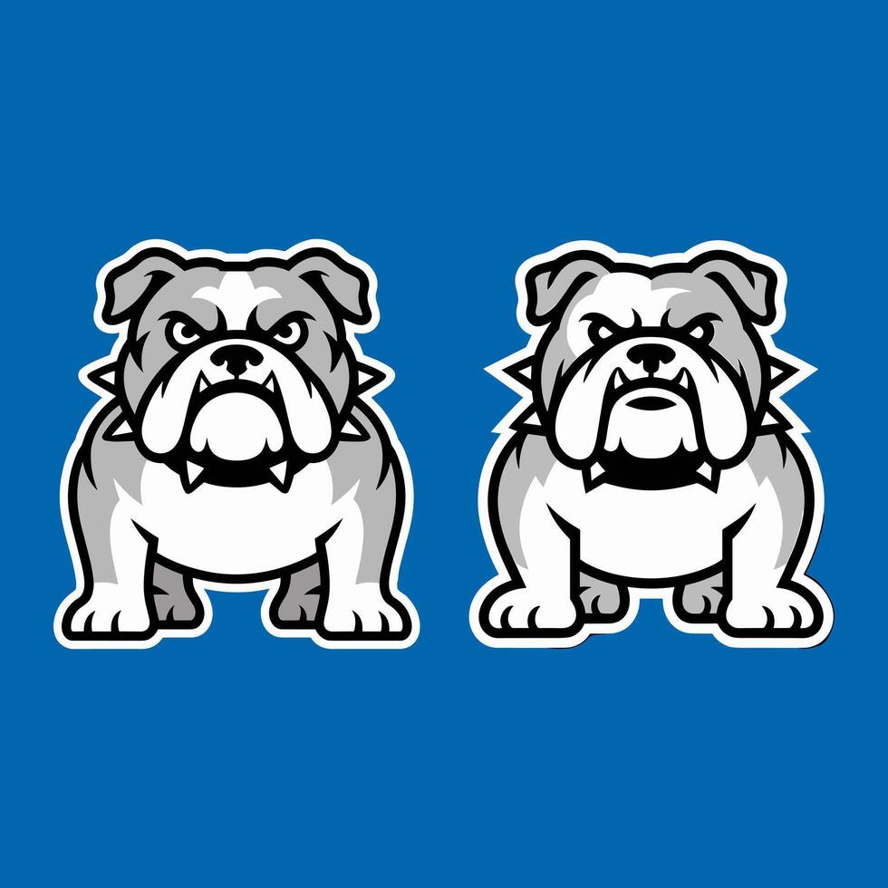 Two Fierce Gray Bulldog Mascot Characters with Spiked Collars on a Blue Background, Ideal for Sports or Team Branding vector