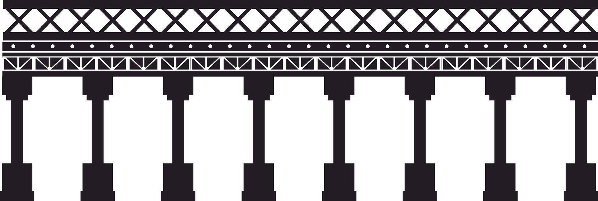 Simple black and white illustration of a long bridge structure with many pillars supporting a roadway, isolated on a white background, ideal for architectural or engineering projects vector