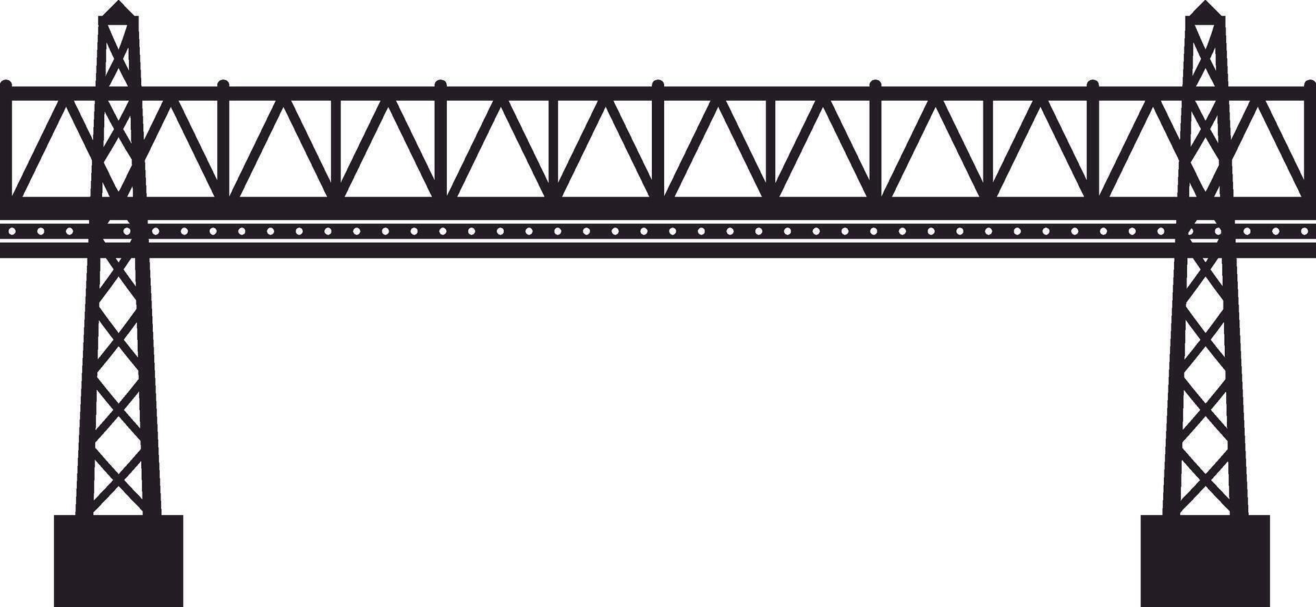 Simple illustration of a long metal truss bridge crossing a river, isolated on a white background, ideal for transportation and infrastructure projects vector