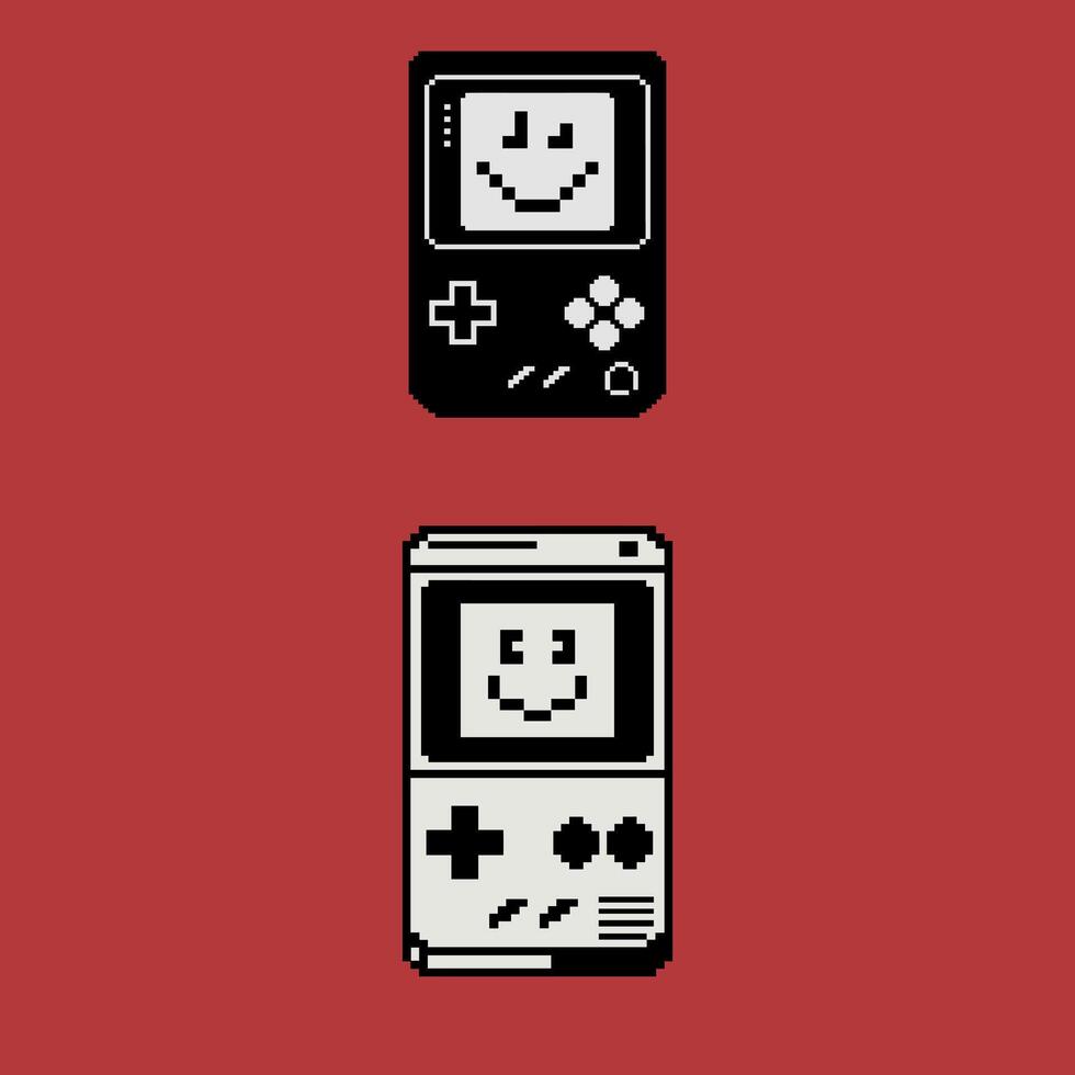 Classic Handheld Gaming Devices with Happy Pixel Faces on Screens, Retro Black and White Consoles on a Red Background vector