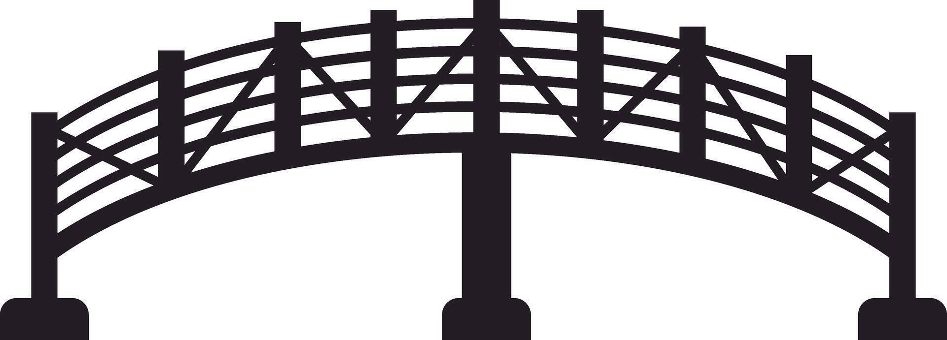 Simple black and white silhouette depicting a wooden pedestrian bridge, featuring crossbeams and posts, connecting two sides with a graceful span, embodying modern design and structure vector