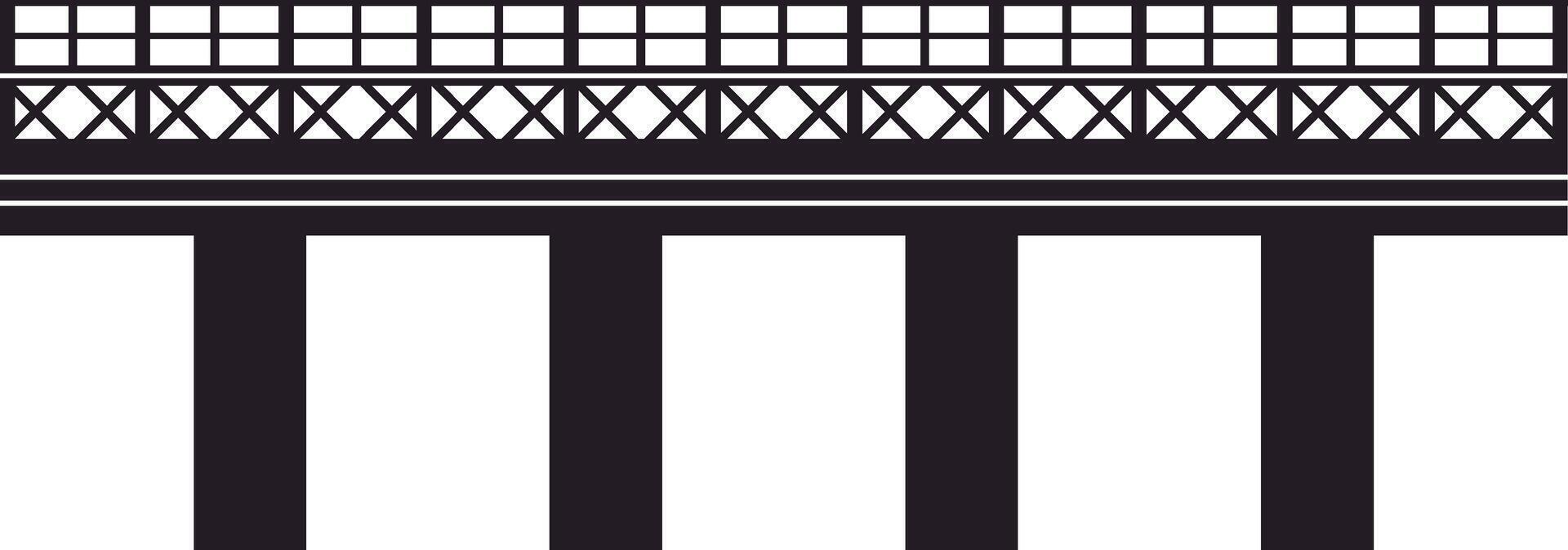 Simple black and white illustration of a bridge connecting two sides with metal railing and crossbeams, ideal for transportation and infrastructure projects vector
