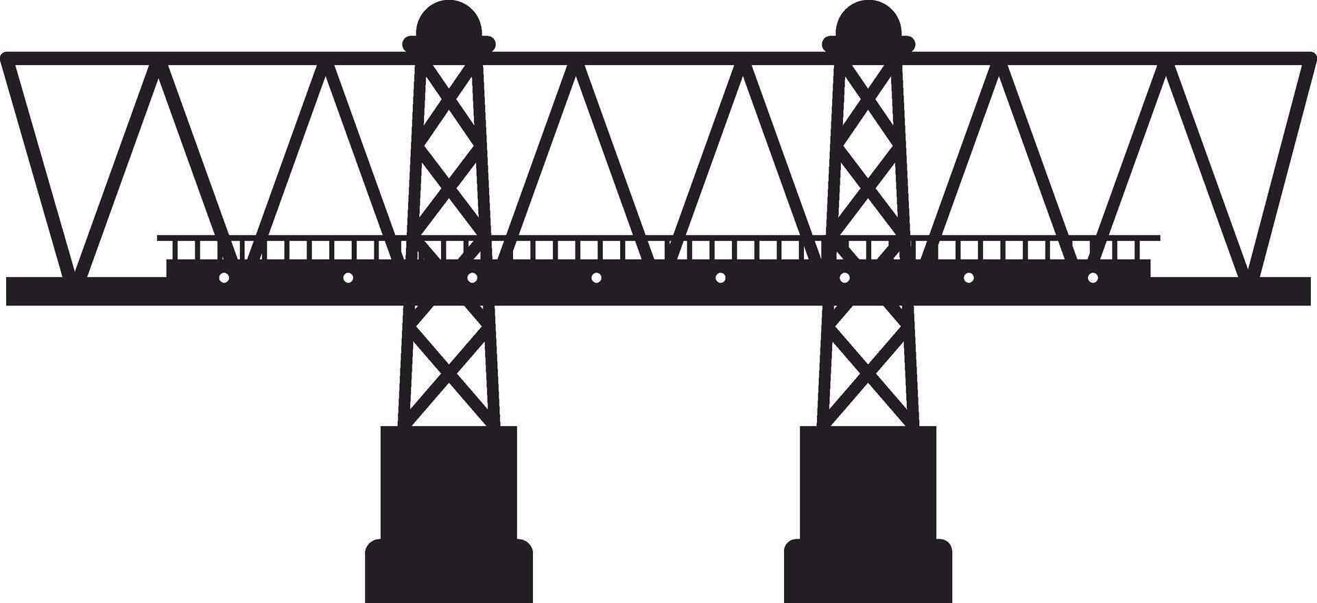 Simple black and white silhouette of cantilever bridge with two towers and crossbeams spanning a river or strait, ideal for industrial or travel concepts vector
